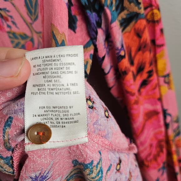 Maeve Anthropologie Vibrant Pink Floral Button Down Blouse Top Long Sleeve Sz 12 - Picture 5 of 8